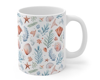 Decorated mug (11oz 15oz 20oz) with watercolor seashells starfish and algae perfect gift for coffee drinker or tea drinker and sea lover