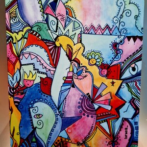 May include: Abstract watercolor painting with a colorful, whimsical design. The artwork features a variety of shapes, lines, and swirls in shades of pink, blue, yellow, green, and red. The word "Irretik" is written in the bottom right corner.