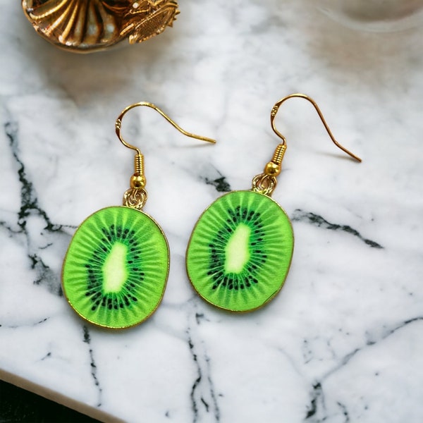 Kiwi Slice Earrings - Dangle Hook - Summer Fruit Earring - Quirky and Fruity - Gifts for her, anniversary & Birthday. Hypoallergenic.