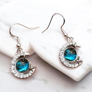 Blue Crystal Moon Dangle Earrings – Crescent & Star Jewelry, Hypoallergenic, Gift Box Option