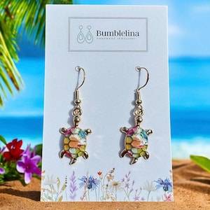 Colourful Turtle Dangle Earrings. Pick from 6 Designs. Hypoallergenic. Rainbow, Leopard, Pink & Red, Pink Flowers, Colourful Paint and Green