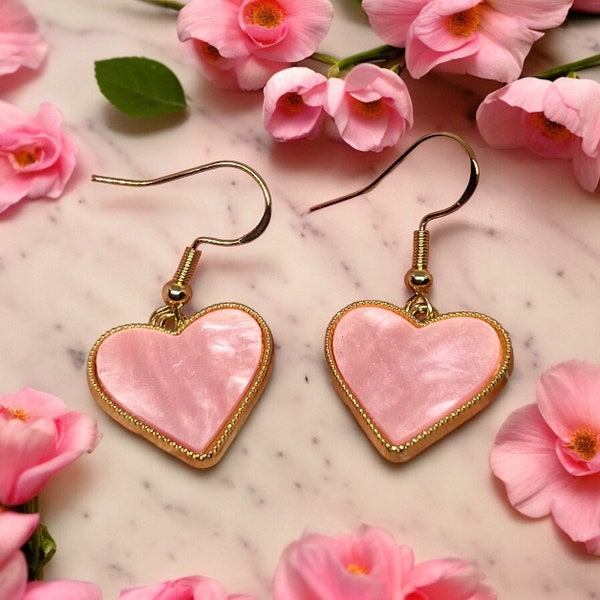 Pink Heart with Gold Edge Dangle Earrings. Stylish Cute Earrings. Hypoallergenic. Lovely Gift For Her.