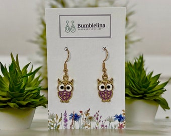 Owl Earrings. Stud or Dangle. Purple or Turquoise. Lovely little animal earrings. Great gift to teacher. Hypoallergenic.