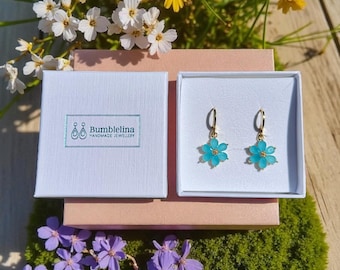 Blue Flower Huggie Hoop Earrings: 18K Gold Plated Hoops, Hypoallergenic, Gift Box Option