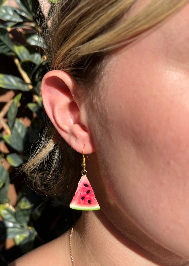 Handmade Watermelon Earrings. Summer Fruit and Unique. Fun and quirky. Hypoallergenic. Upgrade to a set with bracelet, necklace or keyring. image 3