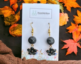 Handcrafted Black Floral and Pearl Dangle Earrings. Gothic Jewelry for Halloween. Hypoallergenic.