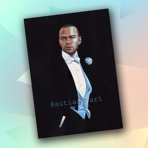 May include: A painting of a man in a black tuxedo with a white shirt and a light blue bow tie. He is wearing a single light blue flower on his lapel. The background is black and the painting is signed "@autiacart".