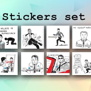Könnte beinhalten: Ein Set aus acht quadratischen Aufklebern mit Schwarz-Weiß-Illustrationen einer Figur aus dem Videospiel Detroit: Become Human. Die Aufkleber enthalten Texte wie "Stickers set", "I believe in Connor Supremacy" und "My Honest Reaction".