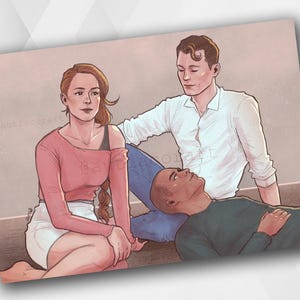 May include: A group of three people, two women and one man, are sitting together. The woman on the left is wearing a pink shirt and a white skirt. The man in the middle is wearing a white shirt and blue jeans. The woman on the right is lying down with her head resting on the man's lap. She is wearing a dark green shirt.