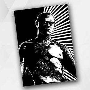 Puede incluir: Ilustración en blanco y negro de una persona calva con un físico musculoso. La obra de arte es un diseño gráfico con líneas y sombreado audaces, sobre un fondo de rayas blancas y negras. La firma del artista es visible.