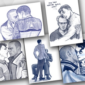 May include: A collection of five blue and white art prints featuring illustrations of two men in various intimate poses. The prints have a hand-drawn style, with text that reads "ARE THEY HURTING AGAIN, LOVE?" and "ANDROID".