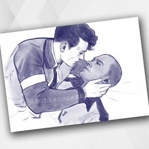 May include: A sketch-style illustration in shades of blue depicts two figures in a tender embrace. One figure, with dark hair, leans towards the other, who is lying down. The artwork has a soft, intimate feel.