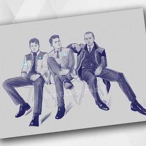 May include: Three men in suits are sitting on chairs. They are all looking at the camera. The man in the middle is wearing a blue suit with a white shirt and a blue tie. The man on the left is wearing a gray suit with a white shirt and a blue tie. The man on the right is wearing a black suit with a white shirt and a black tie.