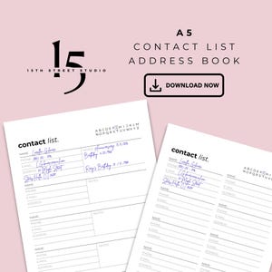 May include: A5 contact list address book with the text "Download Now". The design includes the "15th Street Studio" logo and a contact list template with fields for name, phone, email, and address. The contact list has handwritten notes.