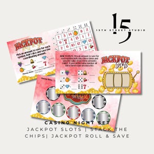 May include: Casino night set featuring Jackpot Slots, Stack the Chips, and Jackpot Roll & Save. The set includes game cards with instructions, dice, and slot machine graphics. The color scheme is primarily red, gold, and silver.