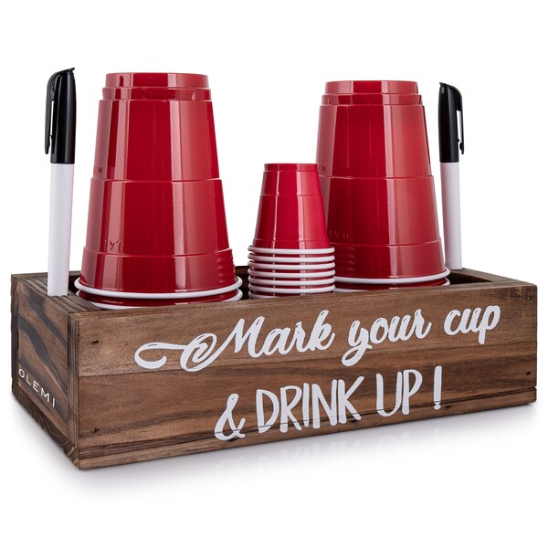 OLEMI Brown Double Solo Cup Holder with Marker Slot Rustic Farmhouse Organizer for Red Plastic Cups, Party Drink Mark Your Cup and Drink Up