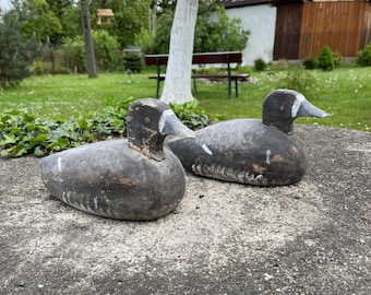 Set of 2 Vintage Wooden Duck Decoys Early 20th Century Hand Carved Primitive Hunting Decoy Rustic Farmhouse Coastal Decor Old Antique