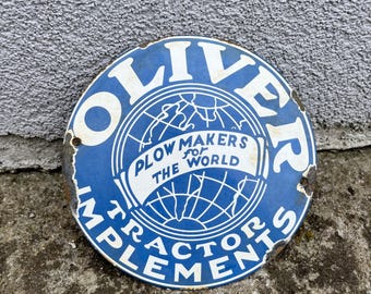 Letrero de porcelana esmaltada con diseño de implementos de tractor Oliver antiguos, estilo retro, para decoración de pared, 15 cm.