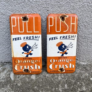 Vintage Old Set of 2 Orange Crush Push Pull Enamel Porcelain Signs Sign Plaque Retro Advertising Wall Decor 20x10 cm