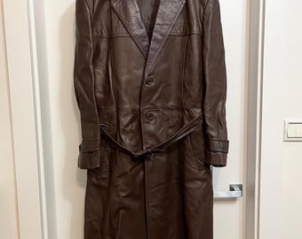 Vintage 1970s Brown Genuine Leather Trench Coat Thick Leather Men’s Size 50 Retro Old Overcoat Rare Find