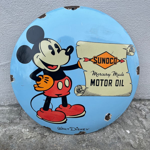 Vintage Sunoco Mickey Mouse Motor Oil Enamel Porcelain Sign 30 cm