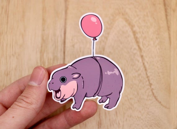 Mini Baby Hippo Sticker, Screaming Hippo Tied to Balloon, Meme, Cute Animal Sticker Gift, Funny Decals, Laptop Stickers, Vinyl Stickers.