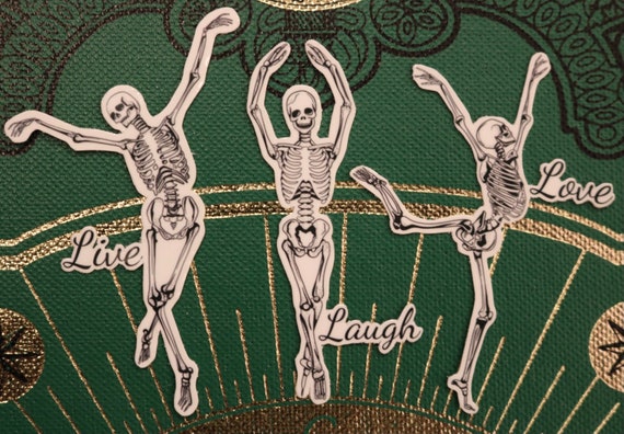 Dancing Skeletons Stickers, Live Laugh Love Parody, Sarcasm Sticker, Gothic Sticker, Macabre Humour, Water Resistant Laptop Sticker, Vinyl.