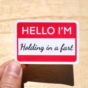 Peut inclure: Un autocollant rectangulaire avec un bord rouge et les mots "HELLO I'M" en texte blanc en haut. En dessous, un rectangle blanc contient l'expression "Holding in a fart" en script noir. L'autocollant est tenu contre une surface en bois.