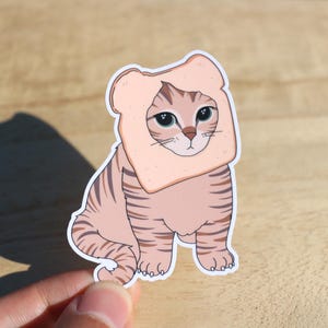 May include: A sticker featuring a cartoon cat wearing a slice of bread as a hat. The cat has brown tabby markings and big, expressive eyes. The sticker is on a white background with a wooden surface.