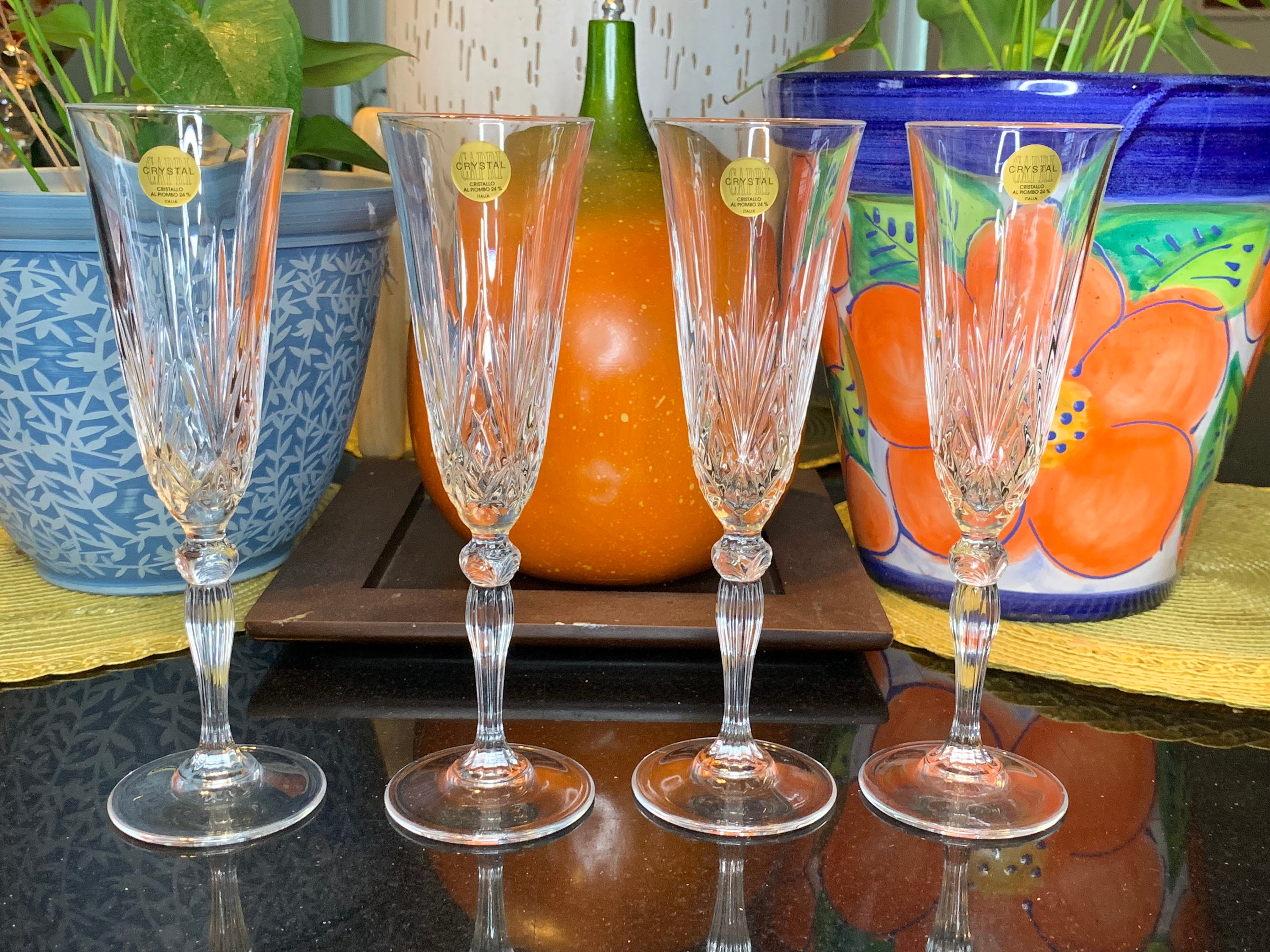 Set of 9 art deco american topaz floral etched glass waterfall stem  champagne and cordial glasses