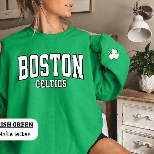 Boston Celtics Basketball Unisex Sweatshirt, Clover printed on the sleeve, Boston Hometown Pride, Celtics gift Apparel, Boston Crewneck