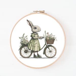 Olive Green Bunny on Her Bike Cross Stitch Pattern. Rabbit Digital Pattern, Counted Cross Stitch, Printable Needlepoint Chart and Design