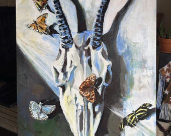Pintura sobre lienzo de cráneo de animal con mariposas, cuadro original de gran tamaño.