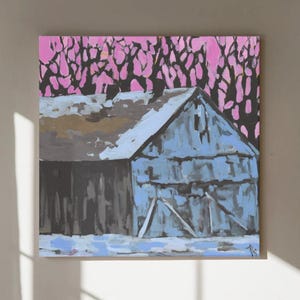 Blue Barn Art Print | 12x12” Giclée Landscape | Rustic Country Farmhouse Decor | Barn Wall Art | Bold Modern Farm Art
