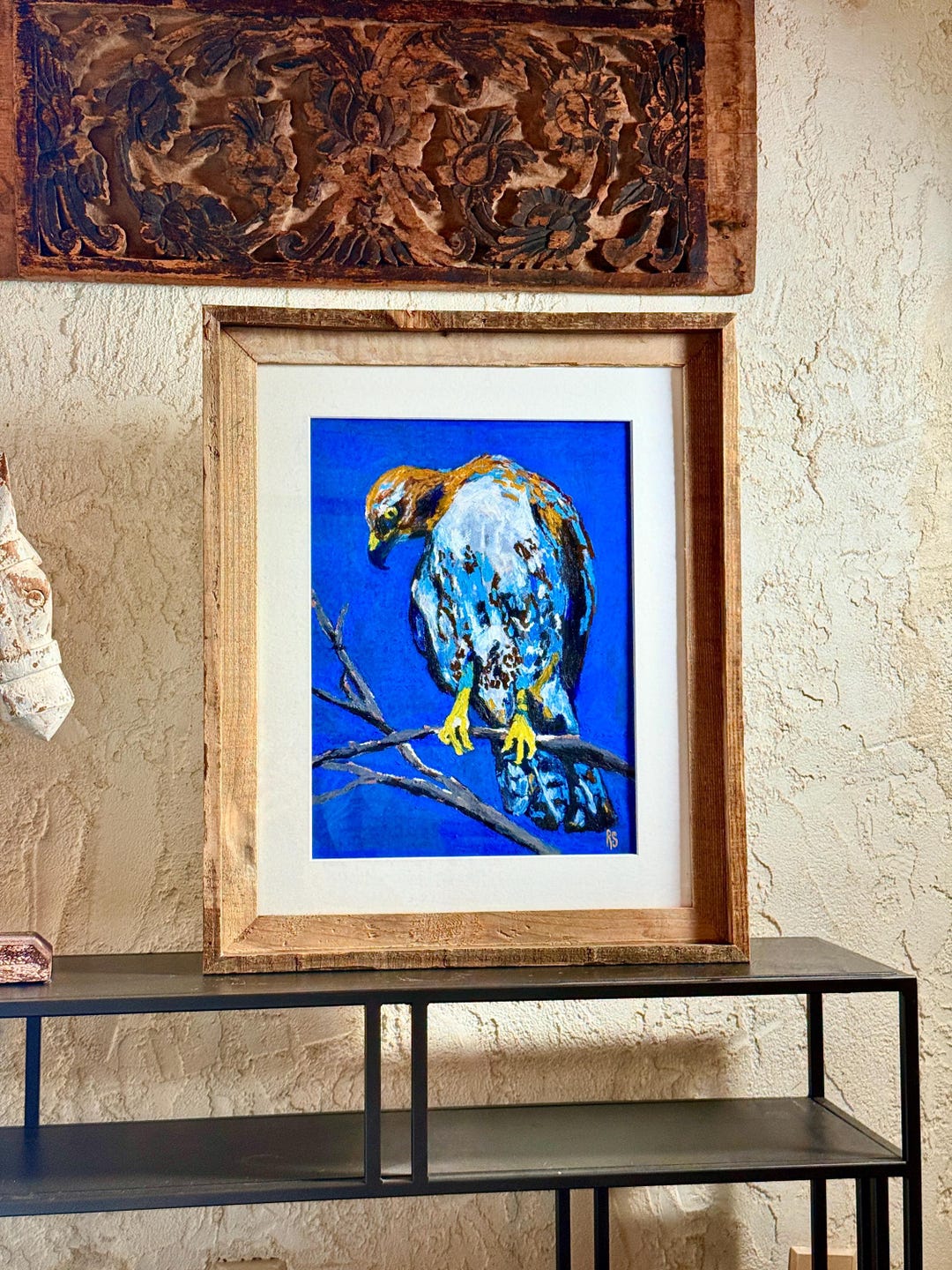 Original Bird Painting, Oil Pastel Hawk Illustration, Framed Bird ...