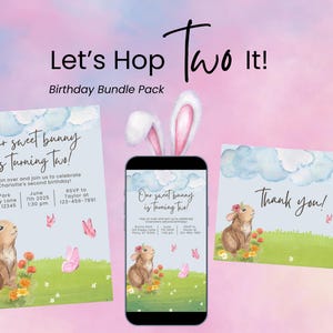 Lot anniversaire lapin pour le 2e anniversaire | Thème Hop Two It | Impression 5 x 7, numérique 1080 x 1920, Merci | Modèle de toile | Téléchargement instantané