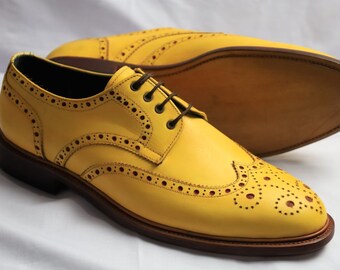 Handmade Men's Yellow Leather Shoes, Men's Oxford Red Brogue Wingtip Lace Up Dress Shoes for Men