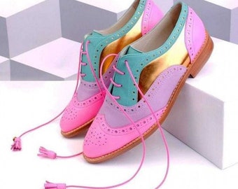 Women's Handmade Four Tone Multi Colors Leather Shoes, Women's  Oxford Brogue Wingtip Lace Up Shoes