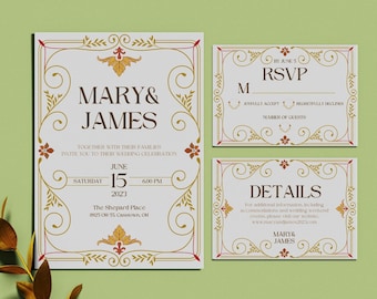 Art Deco Wedding Invitation Set, RSVP&Details Card Set, Wedding Printables, Art Nouveau Style Wedding Invitation