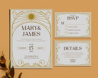 Art Deco Wedding Invitation Set, RSVP&Details Card Set, Wedding Printables, Art Nouveau Style Wedding Invitation