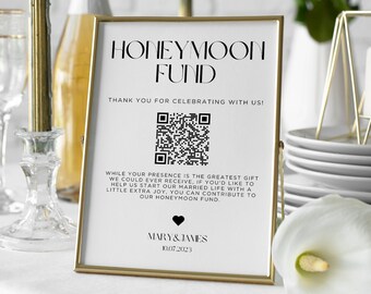 Cartello con codice QR per il fondo luna di miele, cartello con codice QR minimalista per matrimoni, cartello con codice QR moderno per matrimoni, cartello con codice QR minimalista per matrimoni