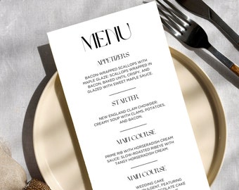 Modèle de menu de mariage minimaliste, menu de dîner de mariage élégant, menu de dîner de réception modifiable