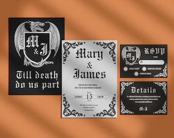 Invitación de boda gótica, invitación de boda espeluznante, juego de tarjetas de confirmación de asistencia y detalles para invitación de boda Hasta que la muerte nos separe, arte gótico