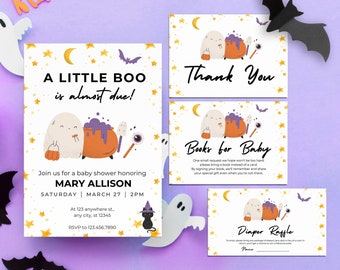 Editable A Little Boo Baby Shower Invitation Bundle, Halloween Baby Shower Invitation Set, Pumpkin Editable Invitation Printable Template