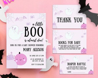編集可能な「A Little Boo」ベビーシャワー招待状セット、かわいいピンクのゴーストハロウィンベビーシャワー招待状、ゴーストハロウィンベビーシャワー招待状
