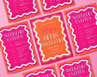 Hennen Wochenende gewellte Einladung, Orange und Pink gewellte bearbeitbare Einladung, Bachelorette Wochenende Einladung