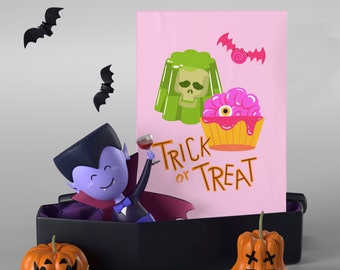 Bus eller godis Halloween-hälsningskort, minimalistiskt Halloween-kort, läskigt Halloween-hälsningskort, Halloween-kort