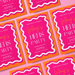 Invitación con borde ondulado para despedida de soltera, invitación ondulada en rosa y naranja para despedida de soltera, tarjeta con ondas, invitación editable