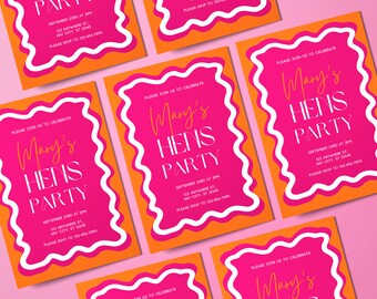 Hens Wavy Border Invitation, Wavy Pink & Orange Bachelorette Party Invitation, Wave Card, Editable Invitation