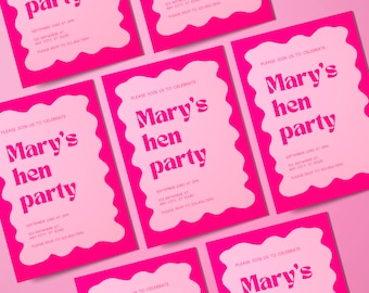 Hens Wavy Invitation, Wavy Pink Bachelorette Party Invitation, Pink Wave Card, Hens Wavy Part Invite
